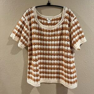 Cost Plus World Market Cream and Brown Crochet Short Sleeve Top